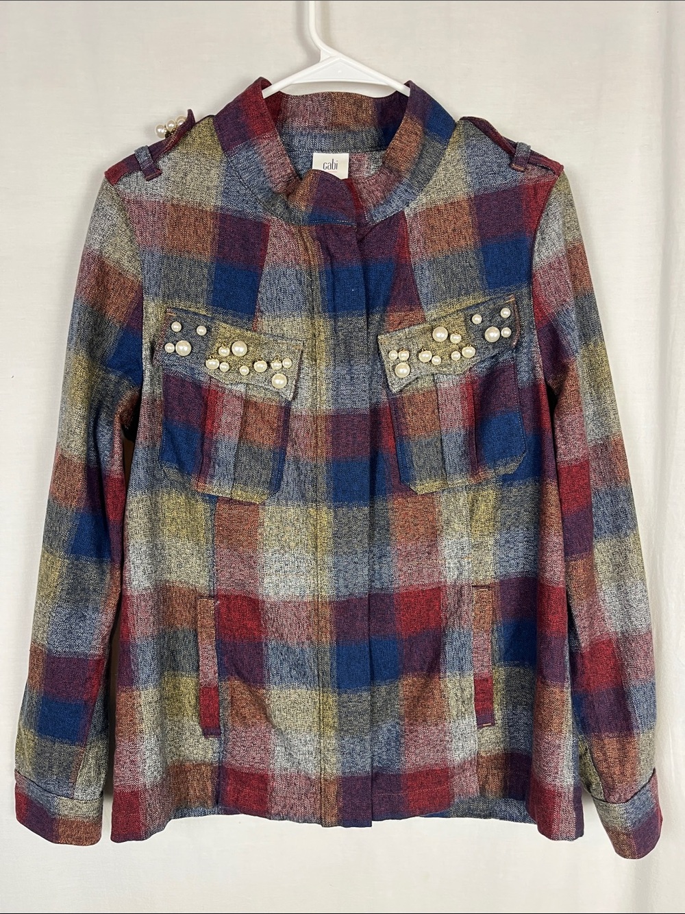 Cabi Plaid and Faux Pearls Zip Up Lightweight Jacket